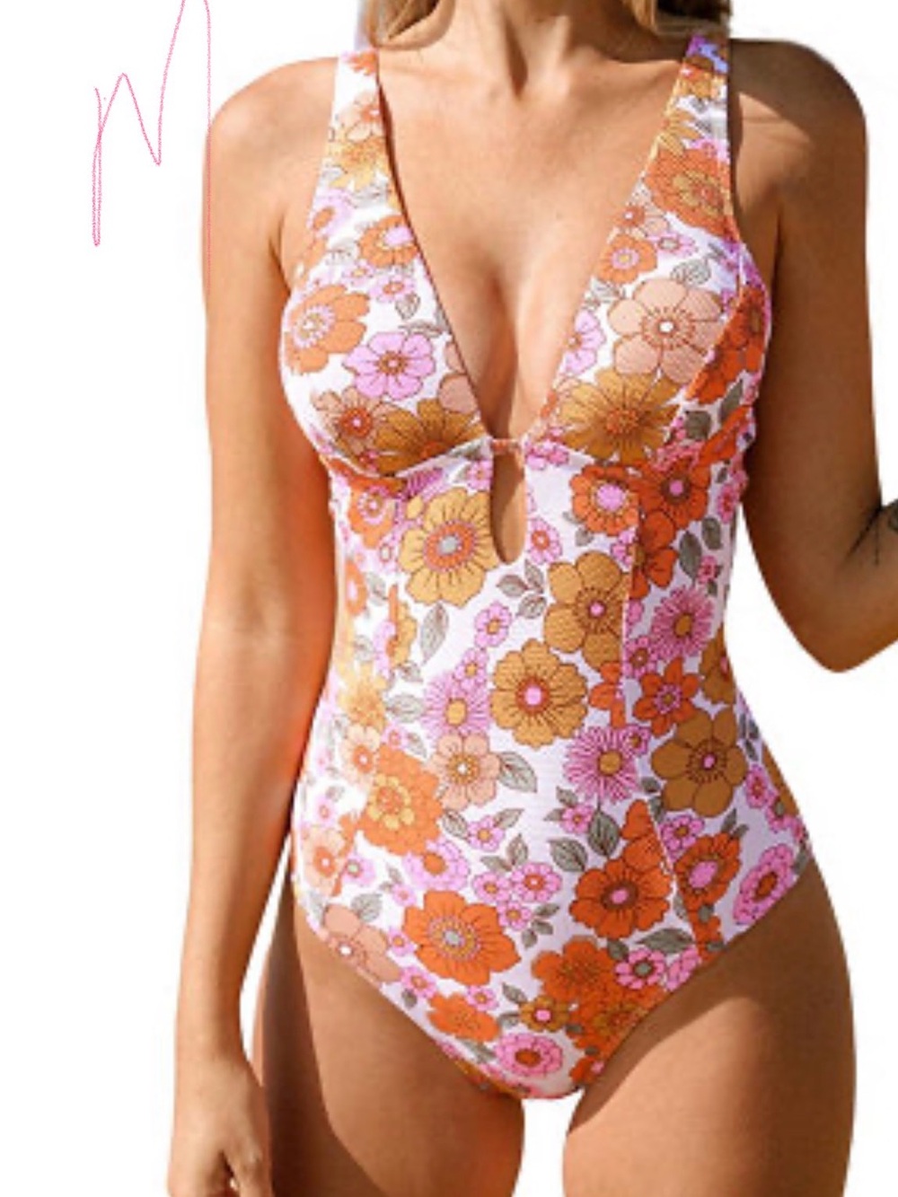 Cupshe Retro Floral V-Neck One-Piece Swimsuit in Pink and Orange